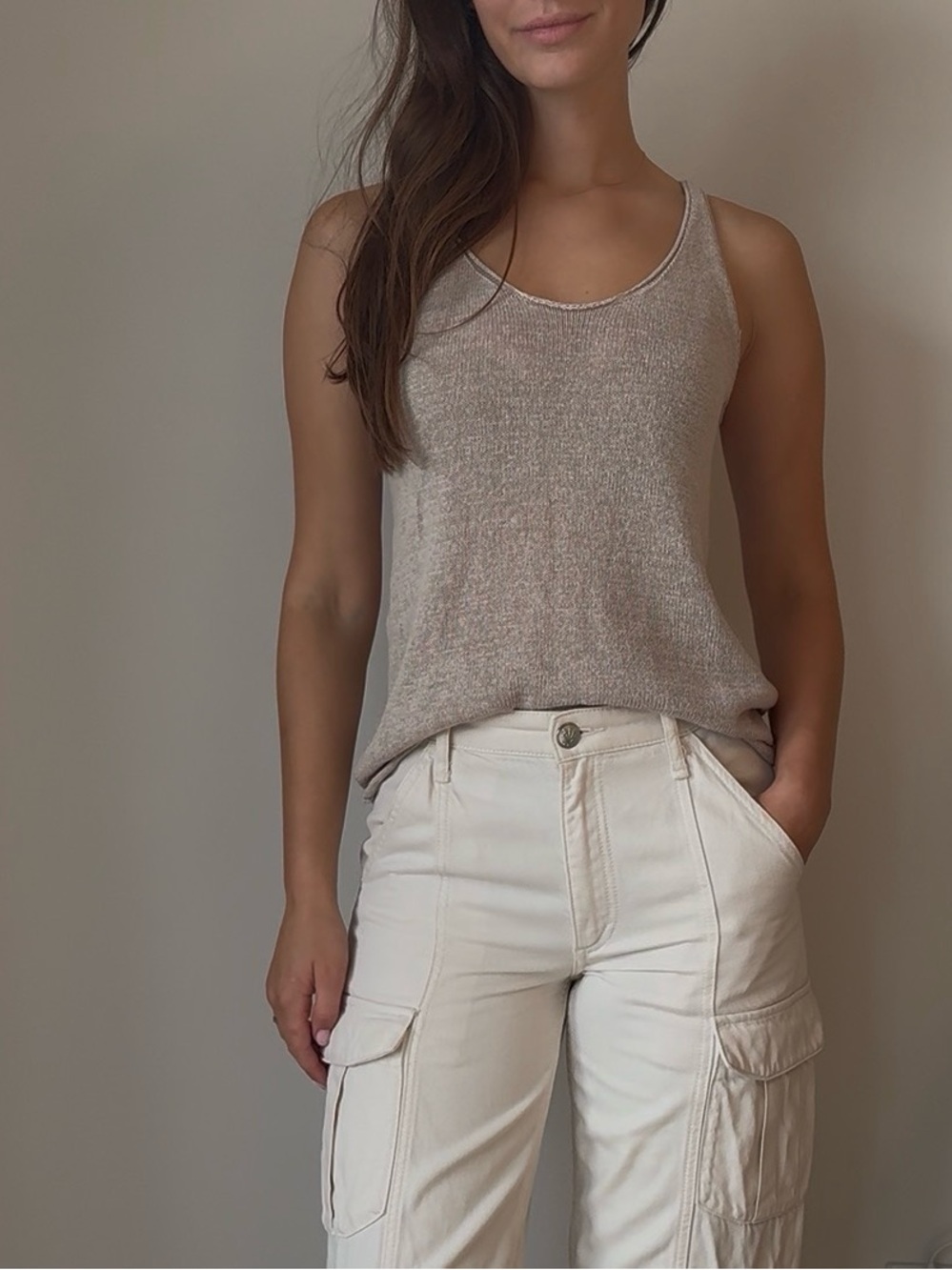 Knit Scoop Tank Top in Light Beige